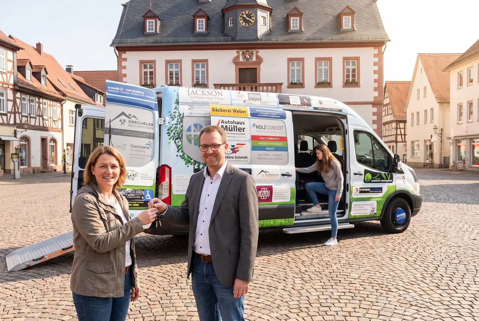Schlüsselübergabe eines von Werbepartnern finanzierten Kleinbusses vor dem Rathaus