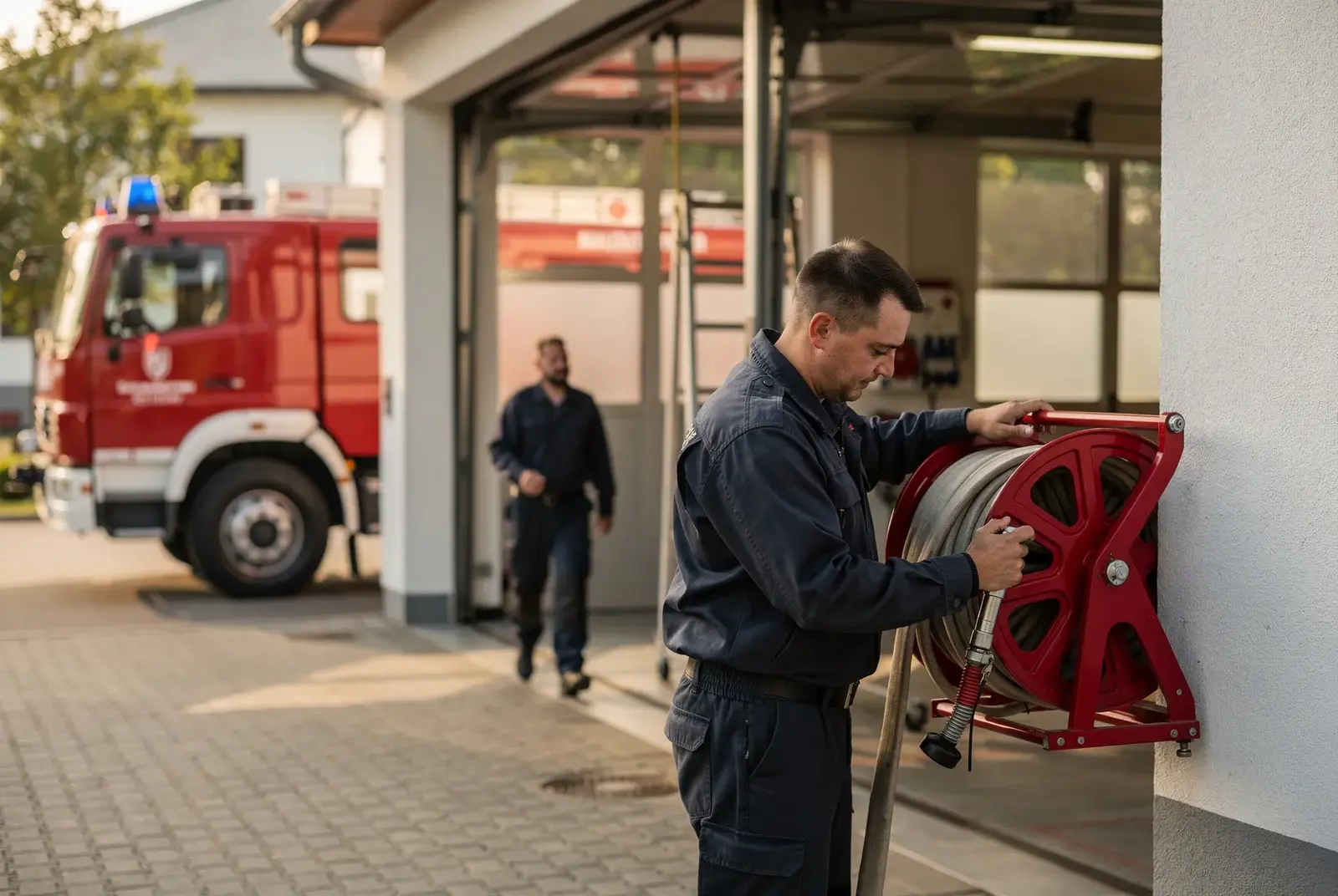 Einsatzkräfte einer freiwilligen Feuerwehr im Gerätehaus