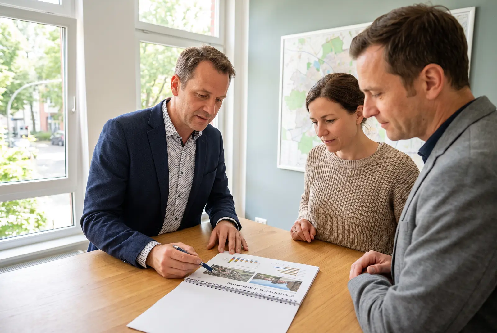 Berater erläutert zwei Mitarbeitenden einer Kommune das Produktsponsoring