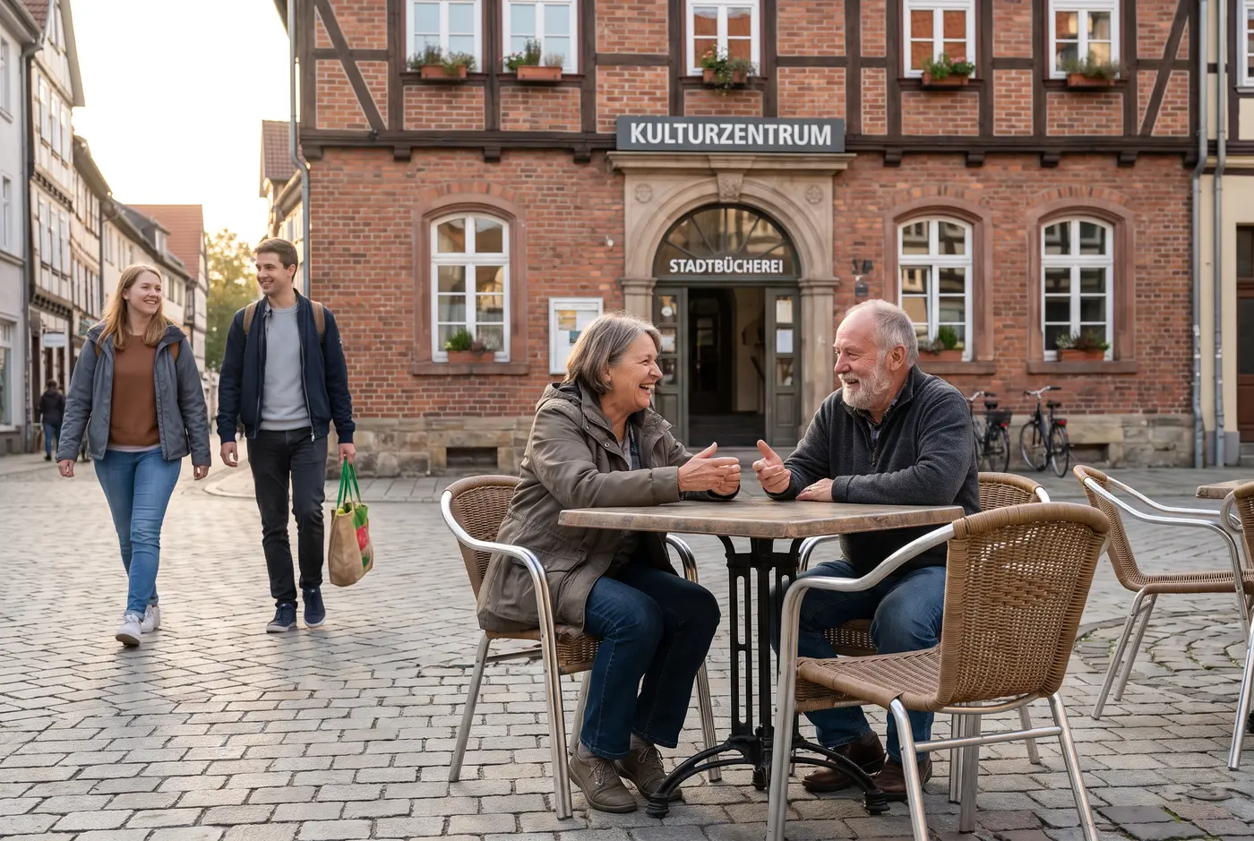 Belebter Platz vor einem Kulturhaus, Menschen im Gespräch, Kinder und Erwachsene beim Besuch einer öffentlichen Einrichtung.