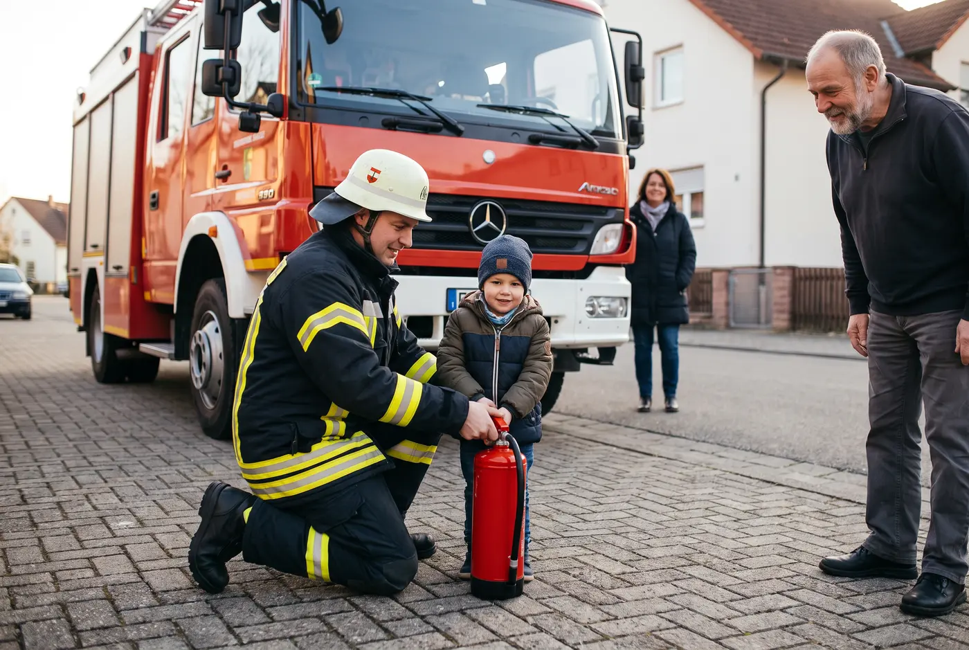 Kinder und Feuerwehrleute vor einem Einsatzfahrzeug, ein Kind probiert einen Feuerlöscher am Trainer aus, Erwachsene erklären dabei.