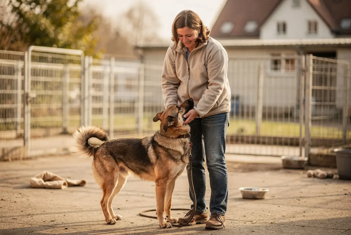 Ein Mitarbeiter eines Tierheims kümmert sich im Freien liebevoll um einen Hund, im Hintergrund ein beschriftetes Transportfahrzeug.